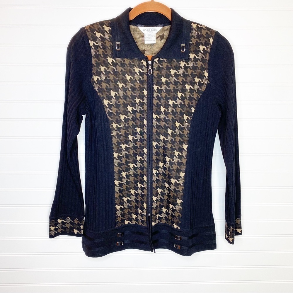 Exclusively Misook Zip up Black Brown Houndstooth Pattern Trim Cardigan Jacket